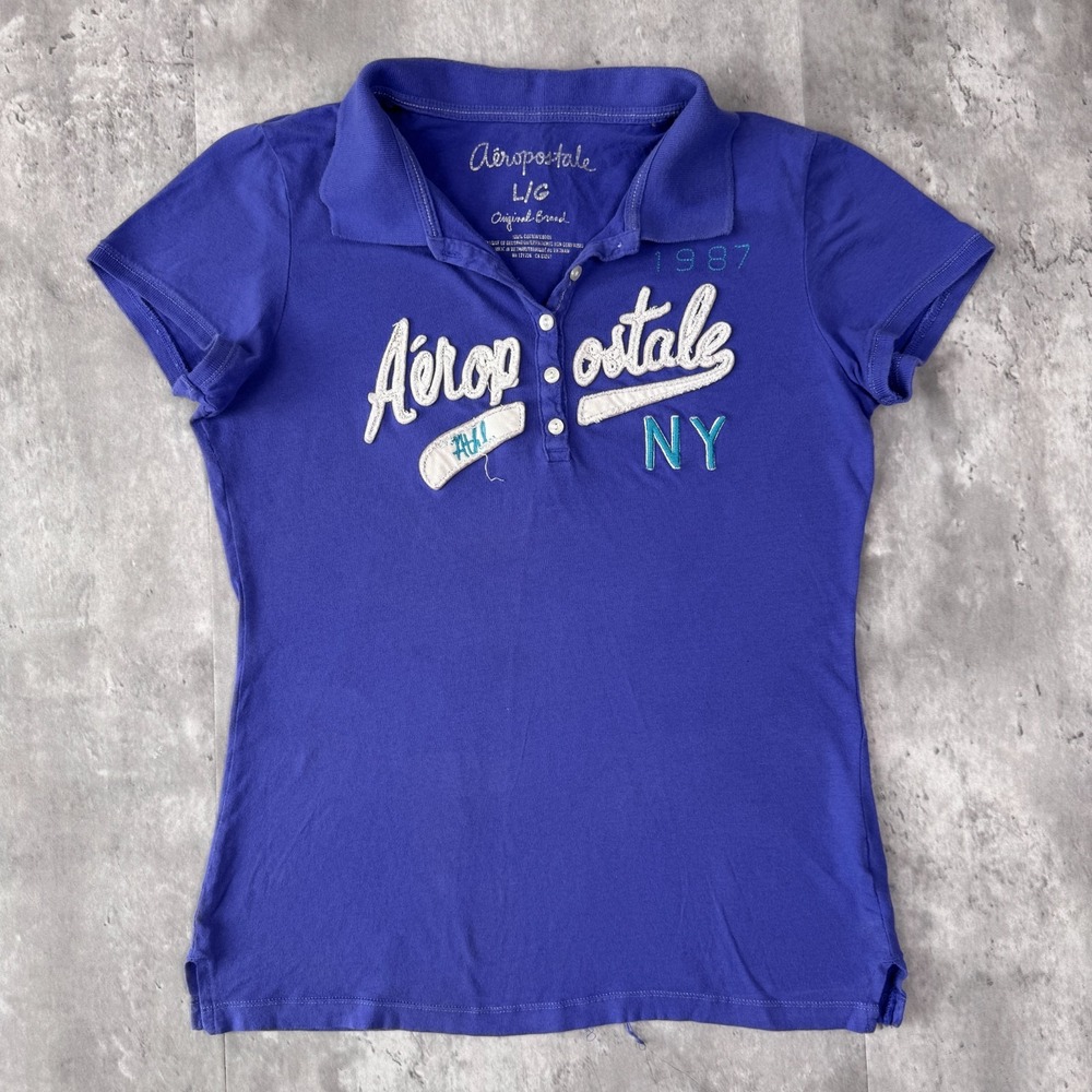 Aeropostale Polo Shirt Womens L Purple 1987 NY Distressed Applique Y2K